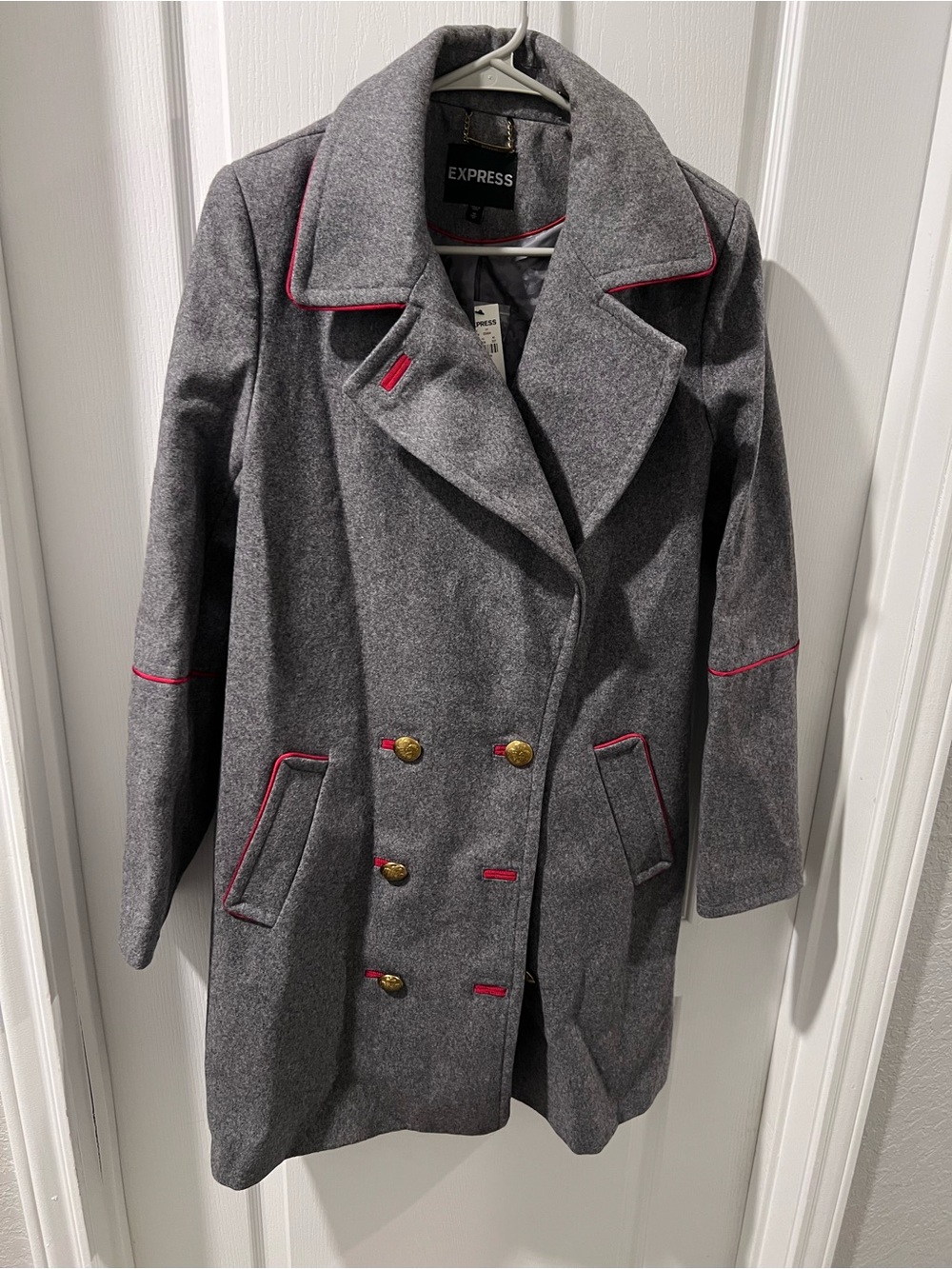 Express Gray Peacoat with Red Trim and Gold Buttons